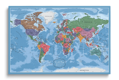 Colorful world map pinboard on canvas with pushpins, decorative wall map for marking travels or education